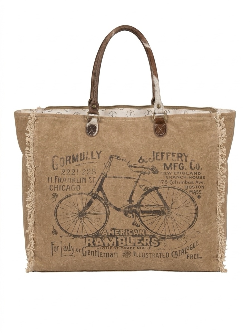 Myra Bag Brown Canvas Tote with Bicycle Print